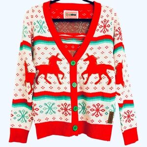 Tipsy Elves Red and Green Unicorn Cardigan